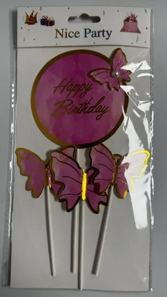 #CT4041 - Happy Birthday Pink Butterfly Cake Toppers Set