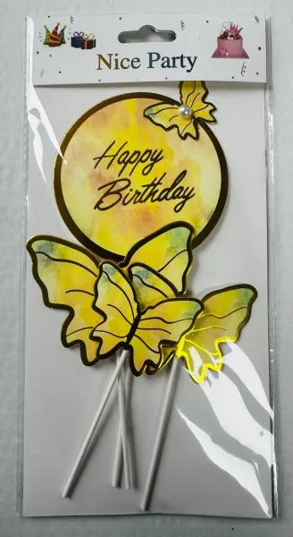 #CT3329 - Happy Birthday Yellow Butterfly Cake Toppers Set