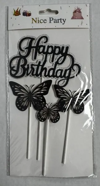 #CT5409 - Happy Birthday Butterfly Cake Toppers Set - Black