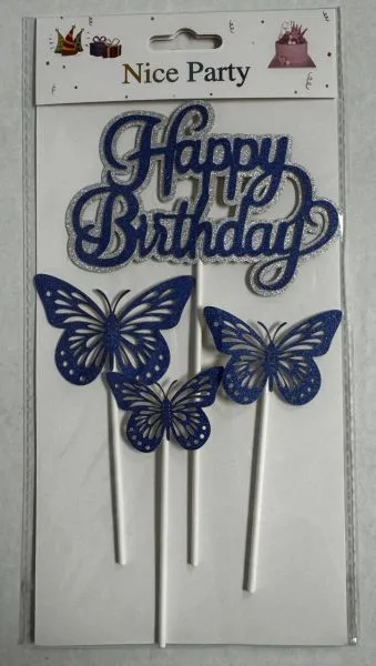 #CT8046 - Happy Birthday Butterfly Cake Toppers Set - Dark Blue