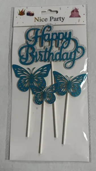 #CT7739 - Happy Birthday Butterfly Cake Toppers Set - Light Blue