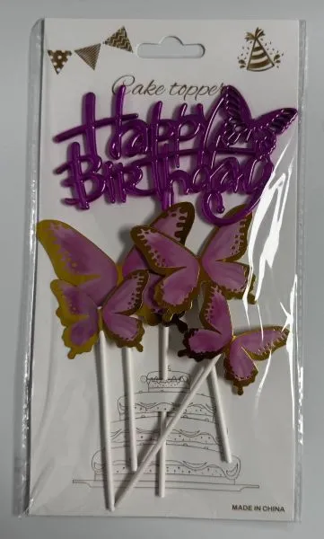 #CT8590 - Happy Birthday Butterfly Cake Toppers Set - Pink