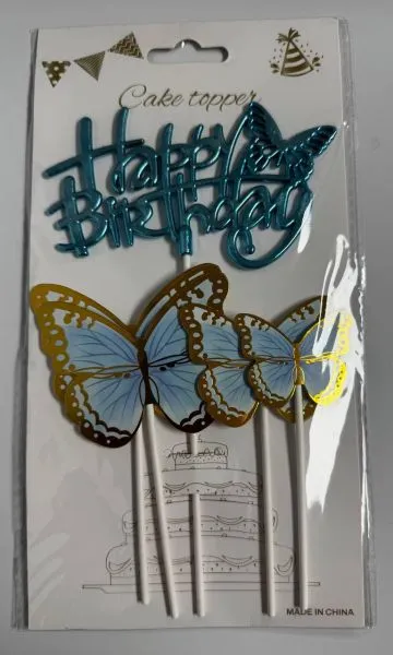 #CT4049 - Happy Birthday Butterfly Cake Toppers Set - Blue