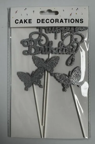 #CT5646 - Happy Birthday Butterfly Cake Toppers Set - Silver