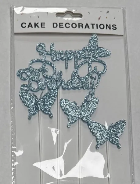 #CT2974 - Happy Birthday Butterfly Cake Toppers Set - Light Blue