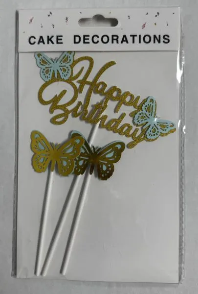#CT4008 - Happy Birthday Butterfly Cake Toppers Set - Teal