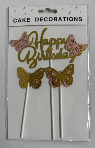 #CT0220 - Happy Birthday Butterfly Cake Toppers Set - Pink