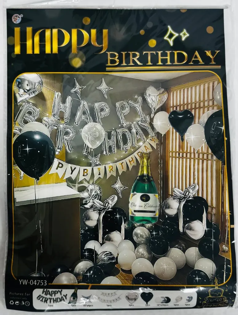 #PS1400 - Happy Birthday Champagne Bottle Balloon Set - Silver/Black