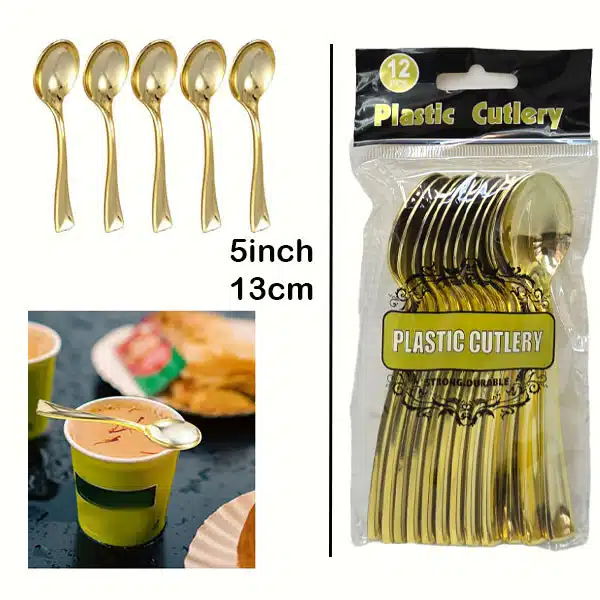 #PS4643 - 12 pcs Gold Plastic Tea Spoons 5"