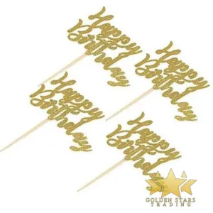 #CT9432 - Glitter Gold Happy Birthday Cupcake Toppers (10ct)