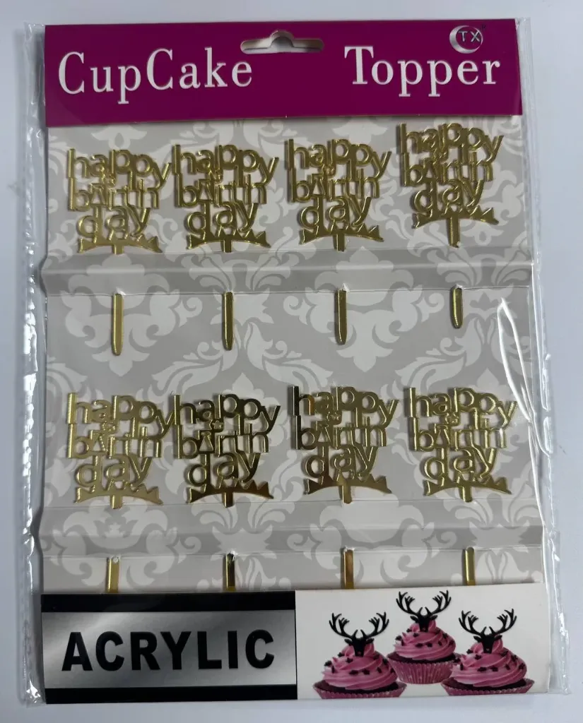 #CT1031 - Acrylic Happy Birthday Cupcake Toppers 8ct - Gold