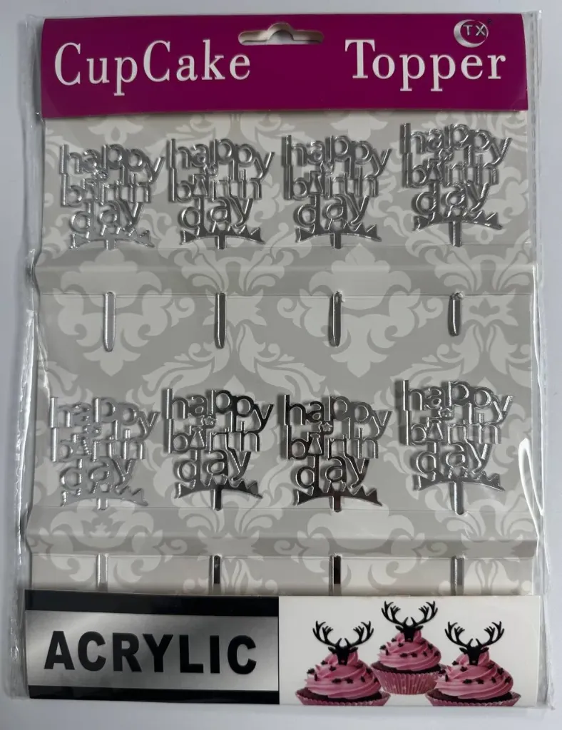 #CT1032 - Acrylic Happy Birthday Cupcake Toppers 8ct - Silver