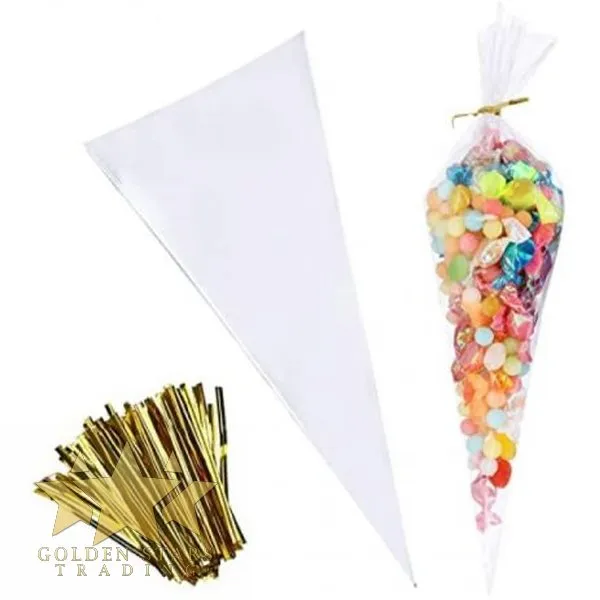 #PK6550 - Small Cone Shaped Clear Bags with Twist Ties (100ct)